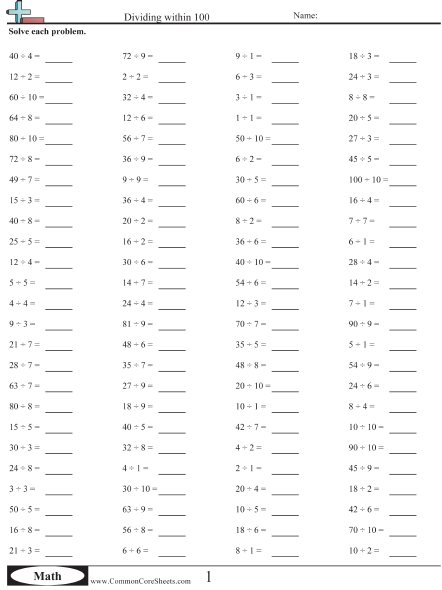 3.oa.7 Worksheets - Dividing within 100 worksheet
